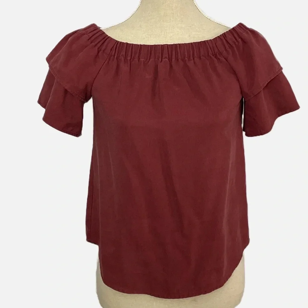H&M Off the Shoulder Blouse Women Size 4 Burgundy‎ Ruffle Sleeve Lyocell Top - Picture 8 of 8